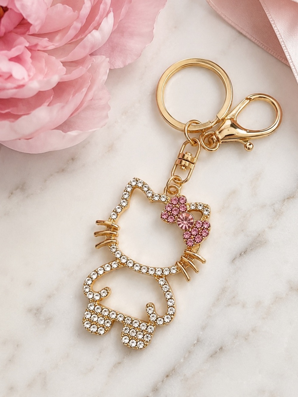 Hello Kitty Rhinestone Keychain Pink Bow Rose Gold Bag Charm